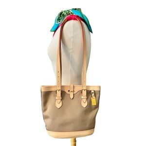 Dooney & Bourke Cabriolet Taupe Canvas & Leather Bucket Tote Shoulder Bag